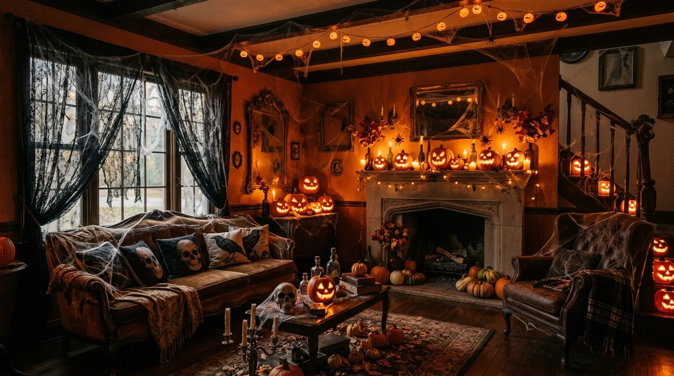 Turn the mantel into an indoor Halloween focal point inspiration for an indoor Halloween setting.